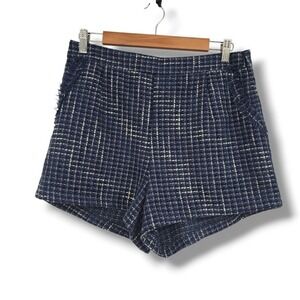 Pants Store Navy Blue Tweed Plaid Shorts‎ Womens Large Side Zip Fringe SY5226-P